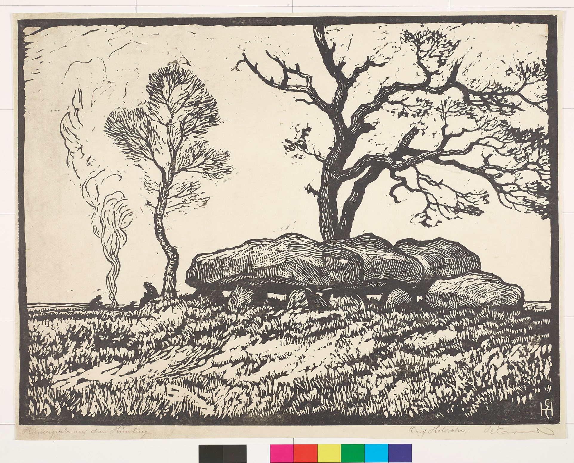 Holzschnitt. Feld mit einzelnen Bäumen. Im Hintergrund sitzt ein Mann am Feuer. 