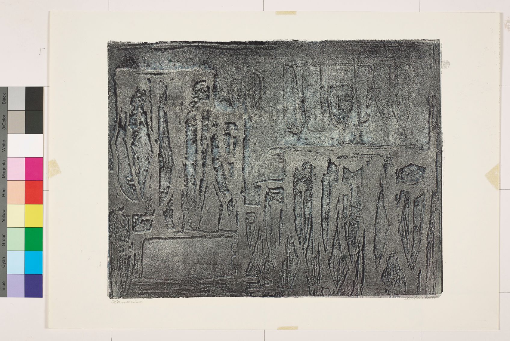 Petroglyphe. In Stein gearbeitetes Motiv durch Gravierung. Abstrakte Bildmotive und viereckige Einteilung mit länglichen Motiven (Schwarz-Weiß).