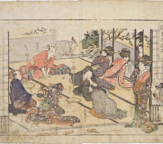 Einblick in ein japanisches Gebäude, in dem sich verschiedene Personen in Kimonos aufhalten