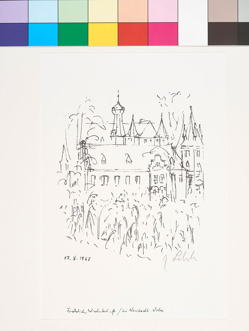 Schnelle Skizze eines Blicks auf die Stadt Neustadt an der Orla in Thüringen.