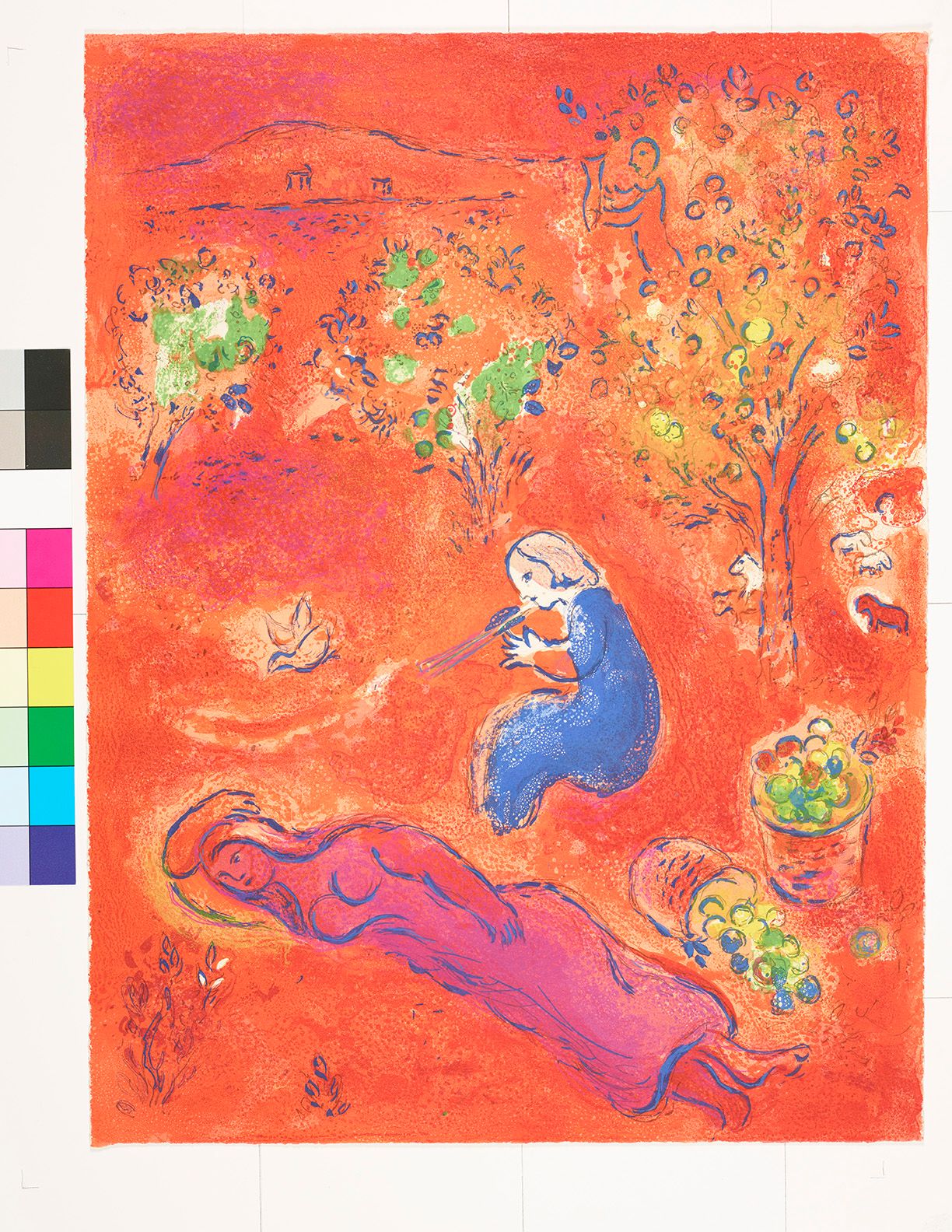 Abstraktes Bildmotiv. Eine liegende Frau und eine sitzende Frau, die eine Flöte spielt. Sie befinden sich auf einem Feld mit Obstbäumen auf einem roten Untergrund.