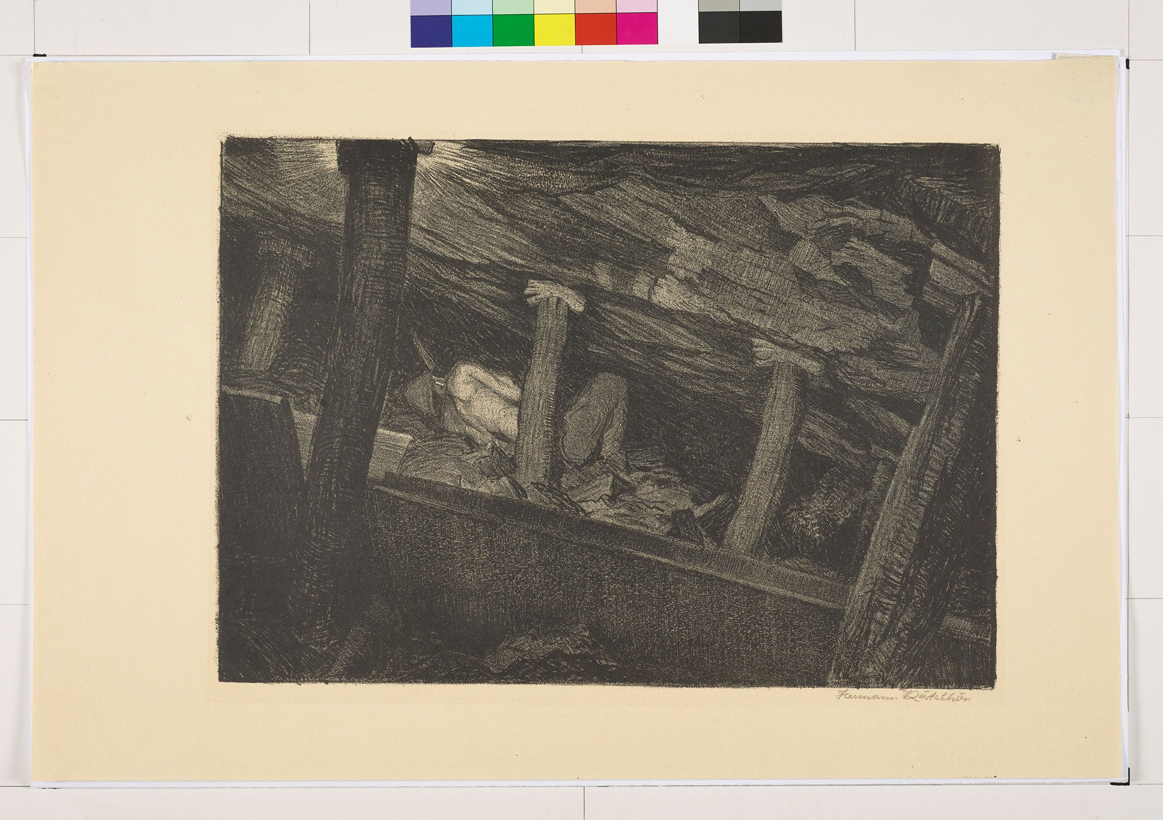 Radierung. Liegender Mann im Kohlestollen (Schwarz-Weiß).