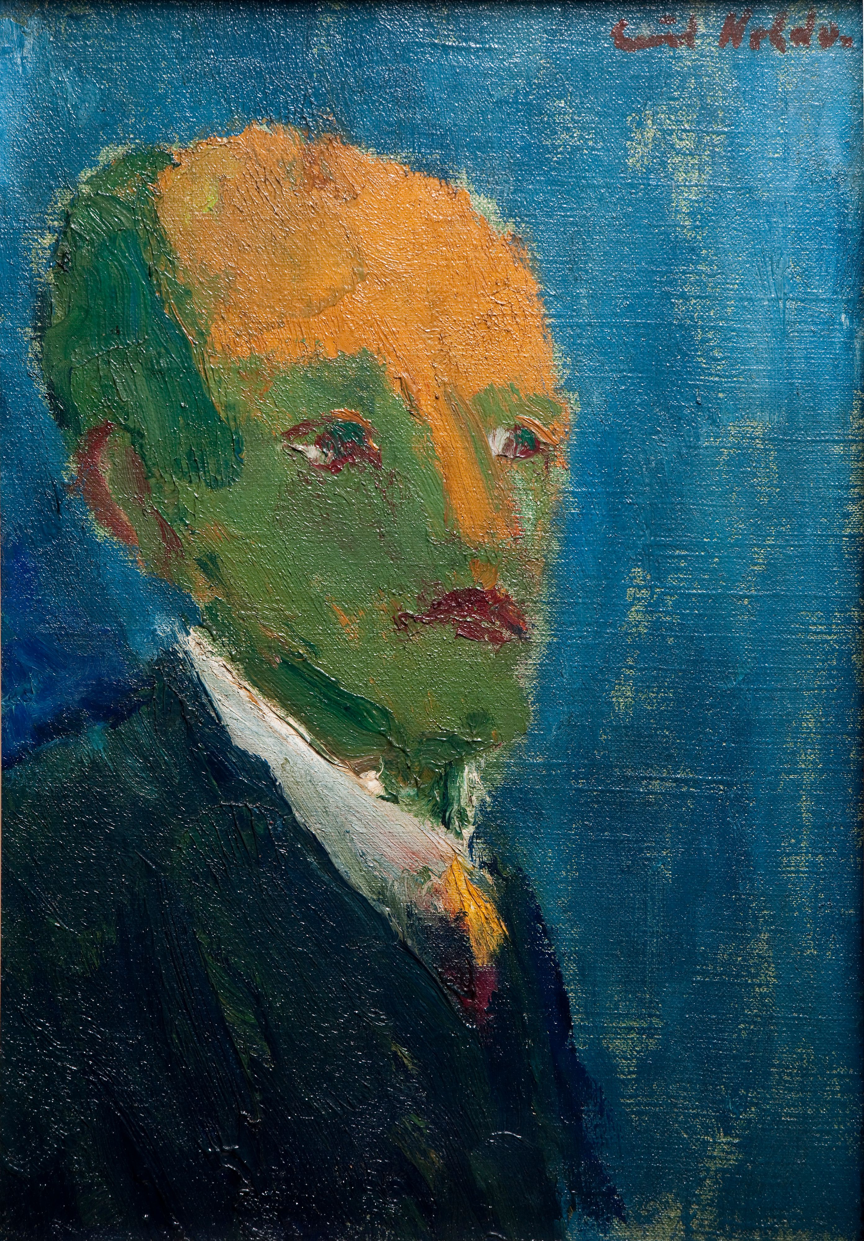 Portrait eines Mannes mit Halbglatze, der nach rechts blickt. Sein Gesicht und Haare sind von grüner Farbe, die kahle Stirn ist orange. Der pastose Pinselduktus und das Ineinanderlaufen der Farben ist in der Halspartie gut zu erkennen.