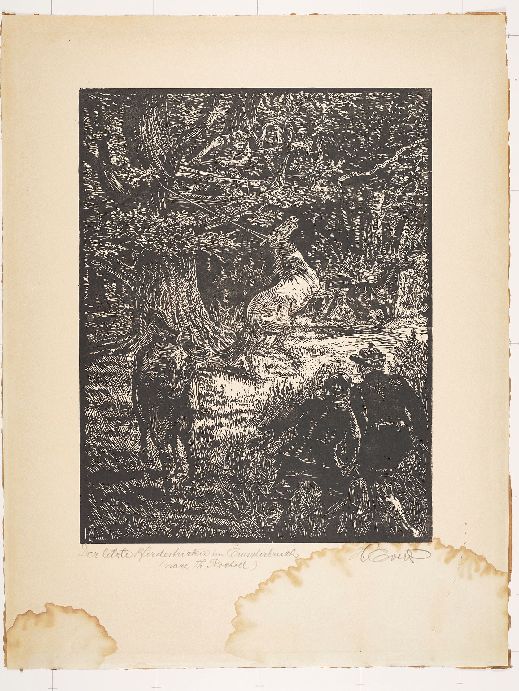 Szene im Wald. Mann fängt Pferd mit einem Seil vom Baum. Das andere Pferd rennt weg. Zwei weitere Männer hinter dem Gebüsch.