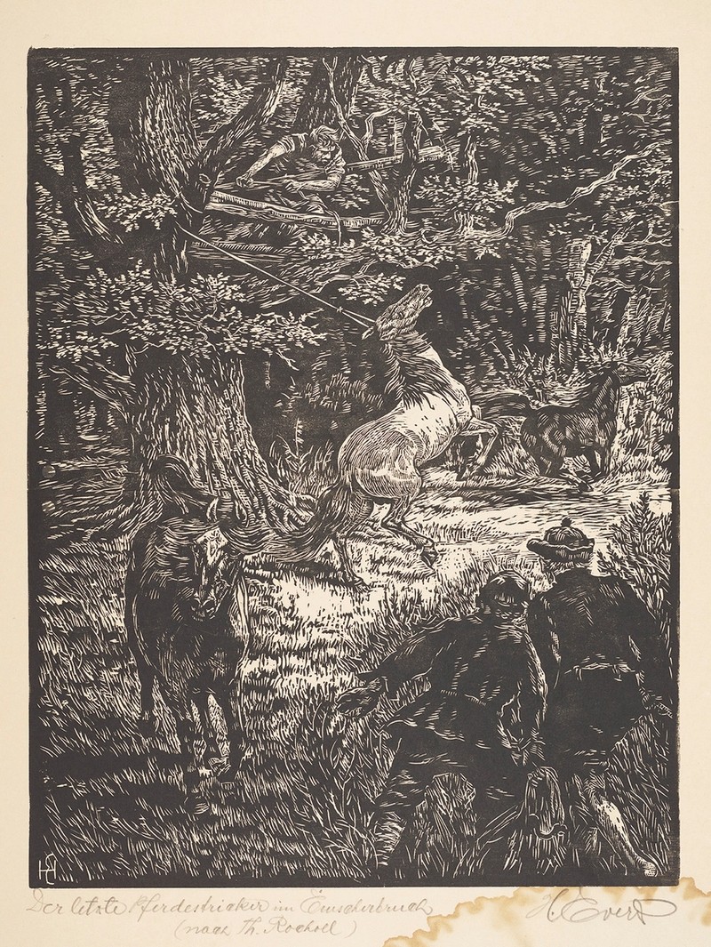 Szene im Wald. Mann fängt Pferd mit einem Seil vom Baum. Das andere Pferd rennt weg. Zwei weitere Männer hinter dem Gebüsch.