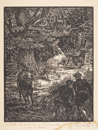 Szene im Wald. Mann fängt Pferd mit einem Seil vom Baum. Das andere Pferd rennt weg. Zwei weitere Männer hinter dem Gebüsch.