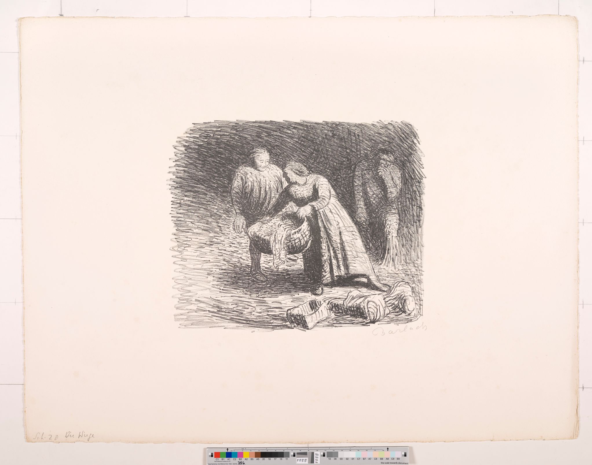 Skizze. Frau mit einem Wäschekorb, eine weinende Frau und ein Mann. Auf dem Boden sind...