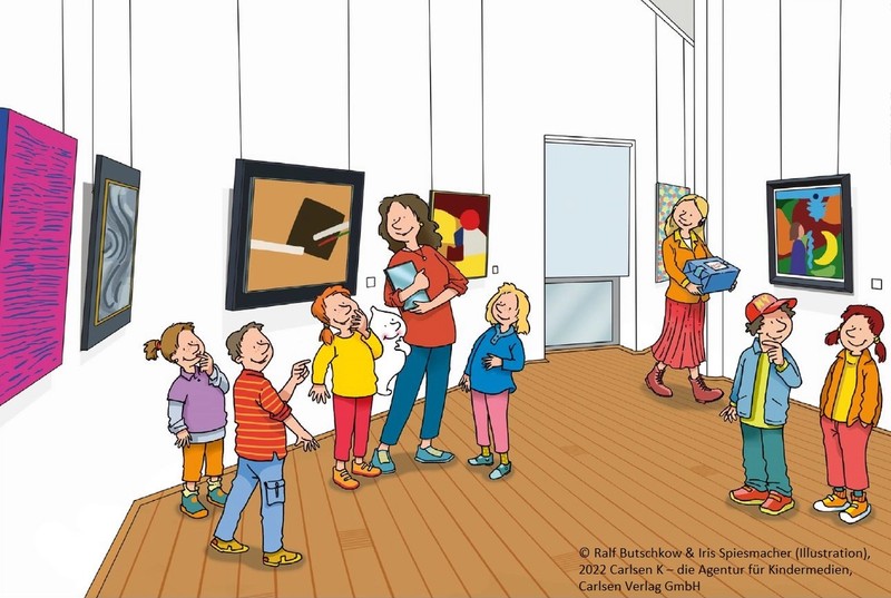 Zeichnerische Darstellung von Kindern bei einer Führung durch die Gemäldegalerie des Kunstmuseums