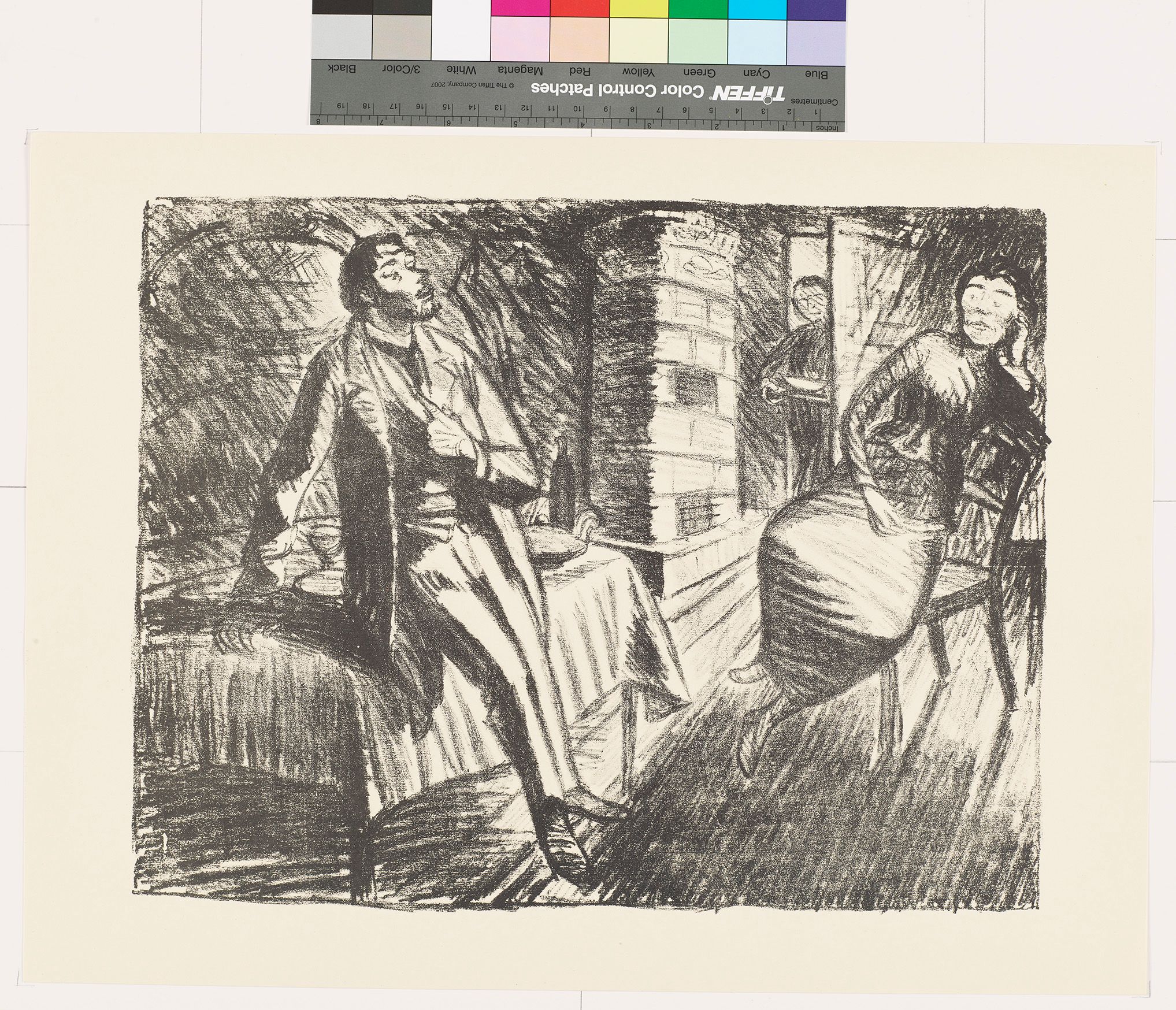 Skizze. Ein Mann und eine Frau in einem Zimmer. Im Hintergrund steht eine Person an der Tür.