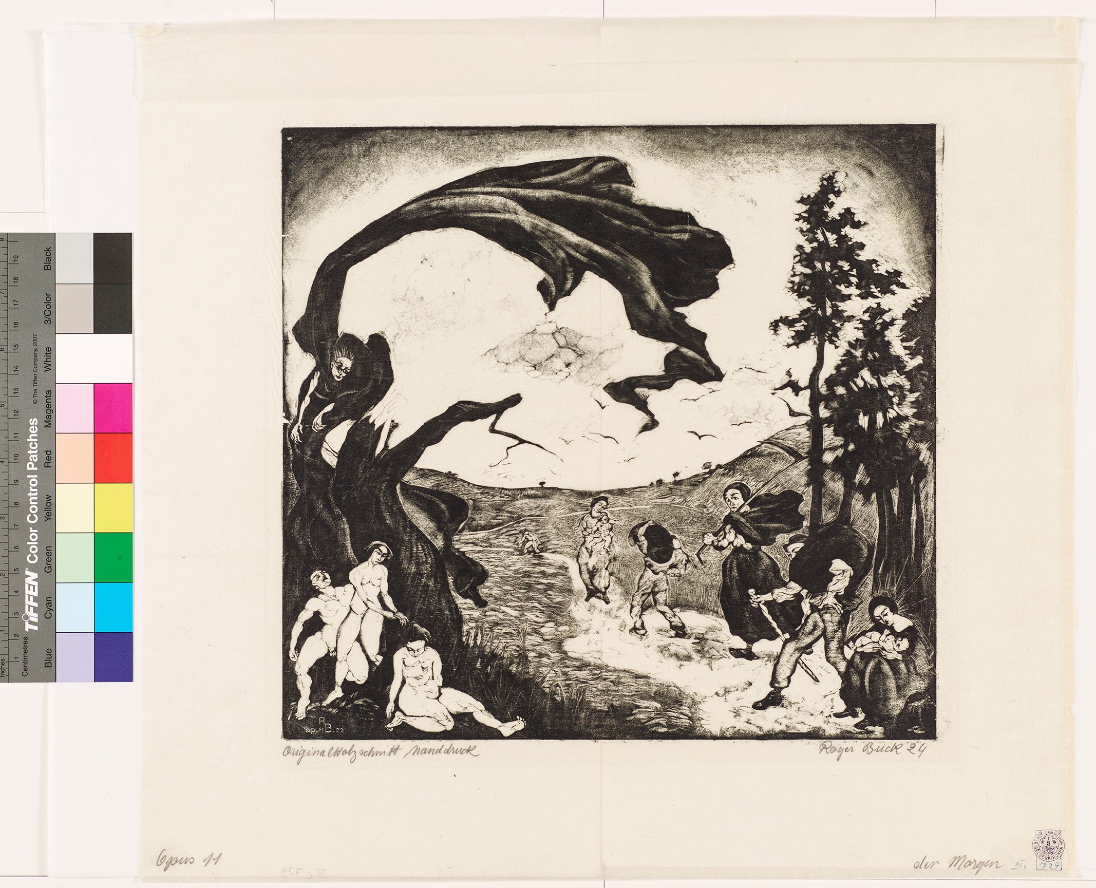 Ein Waldweg. Links ist ein Baum, der auf den Weg ausschwenkt. Am Baumstamm sind drei nackte Menschen. Auf der rechten Seite rennen Menschen weg und eine Frau mit einem Heiligenschein stillt ihr Kind.