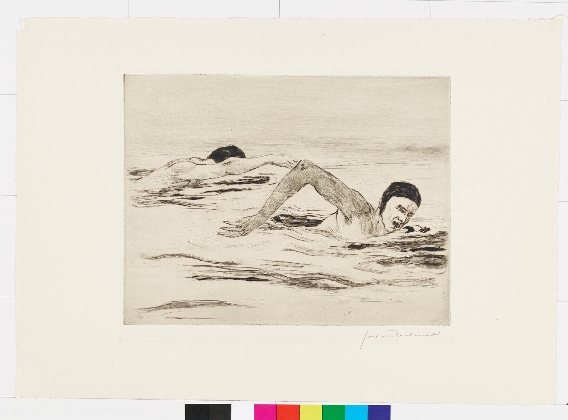 Zeichnung von zwei Männern beim Schwimmen.