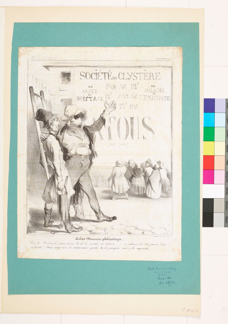 Zeichnung. Ein Mann mit unordentlicher Kleidung und ein Mann mit einem Farbeimer. Im Hintergrund eine Menschenmenge, die eine beschriftete Wand anstarrt.