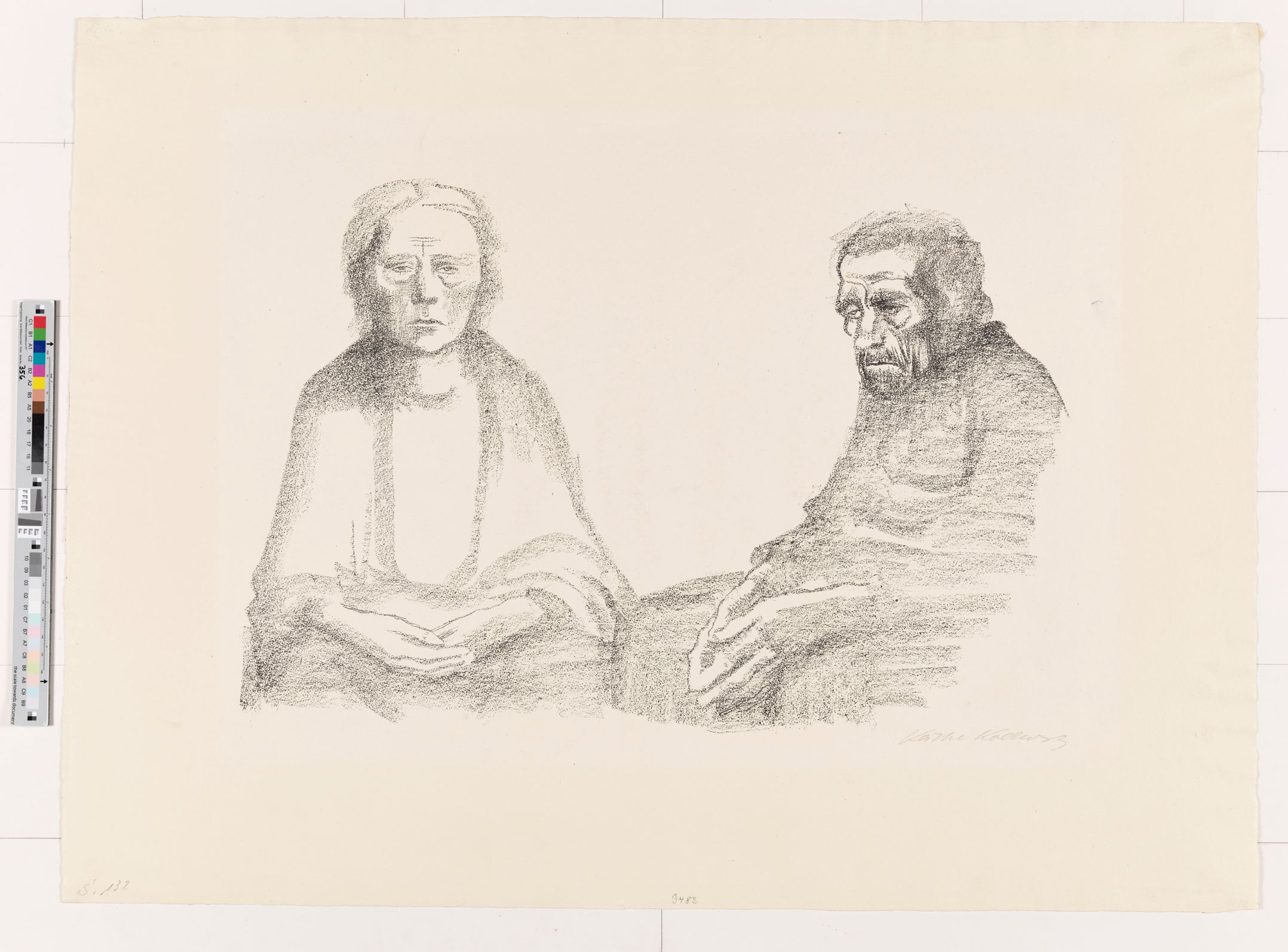 Käthe Kollwitz portraitiert ihre Eltern. Die Mutter auf der linken Seite hat die Hände in den Schoß gefaltet und blickt frontal auf die Betrachtenden. Der Vater im Dreiviertelprofil blickt nach links. Die Fingerspitzen seiner Hände sind zusammengelegt. In den Gesichtern der beiden zeigen sich Alter, Müdigkeit und Entbehrung mit eingefallenen Wangen, Tränensäcken unter den Augen und Falten auf der Stirn.