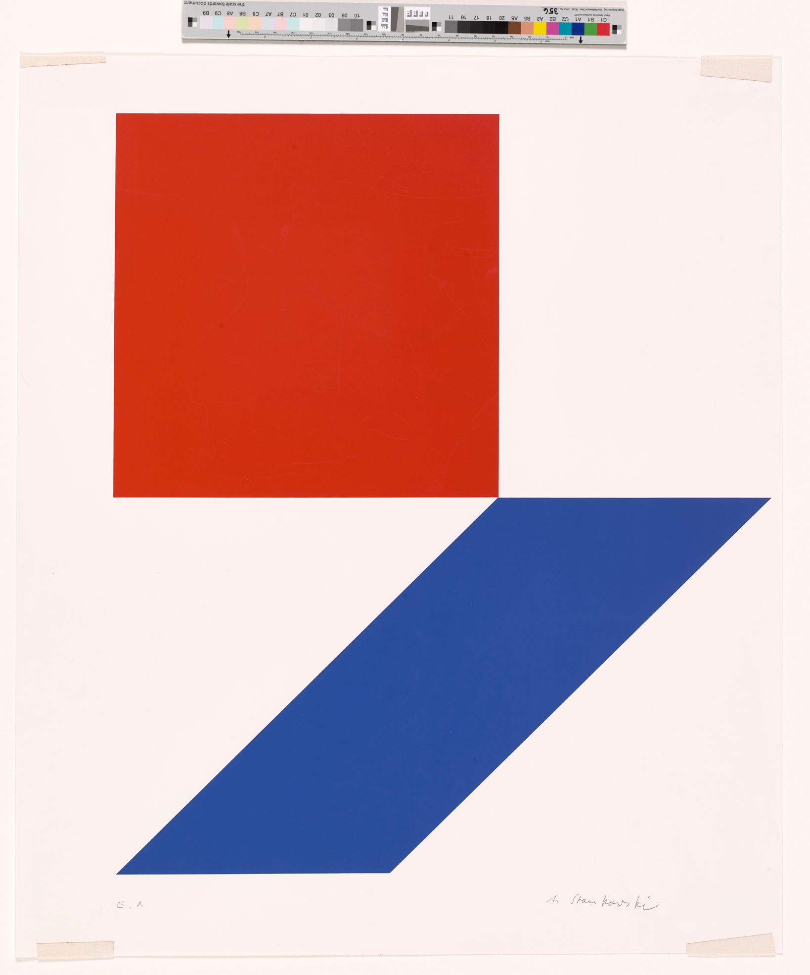 Zwei geometrische Formen. Ein rotes Quadrat und ein blaues Trapez auf hellem Hintergrund. 