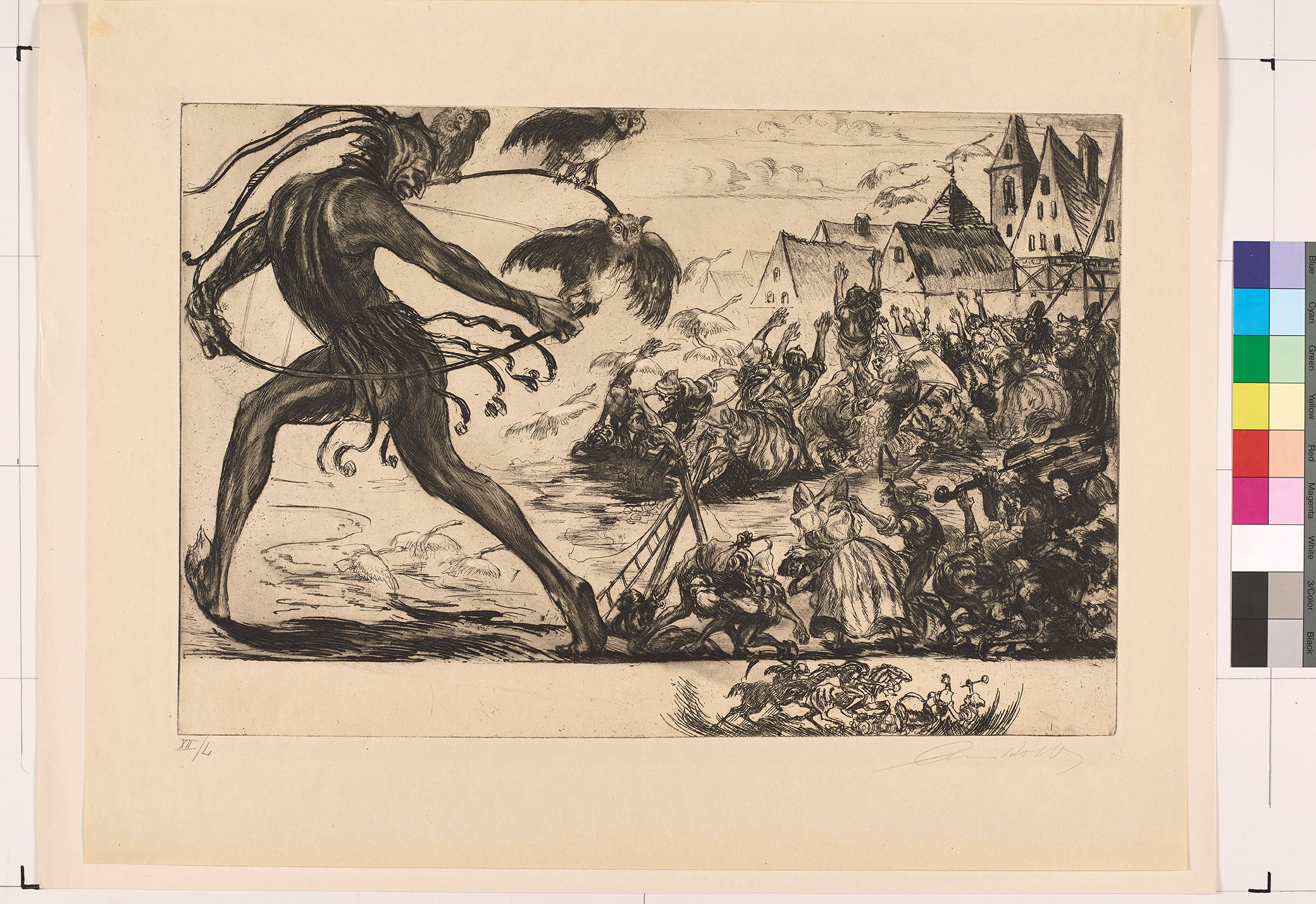 Till Eulenspiegel schwingt einen Reifen auf dem drei Eulen sitzen um seine Hüften. Auf der rechten Bildseite stehen die Bewohner einer Stadt, die im Hintergrund zu sehen ist, in chaotischen Gruppen beieinander, musizieren und Strecken die Hände in den Himmel über den ein Schwarm Gänse fliegt