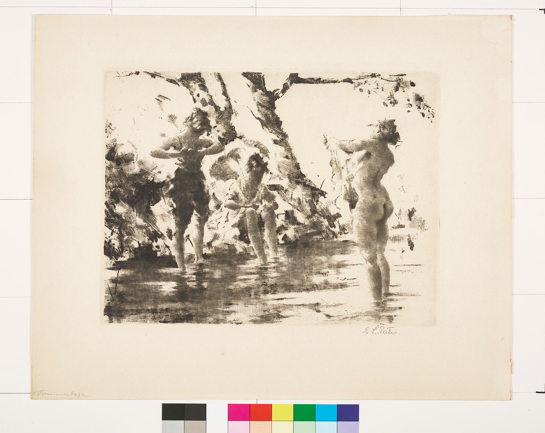 Bildszene Unscharf. Drei Personen am See. Die linke Person ist nackt.