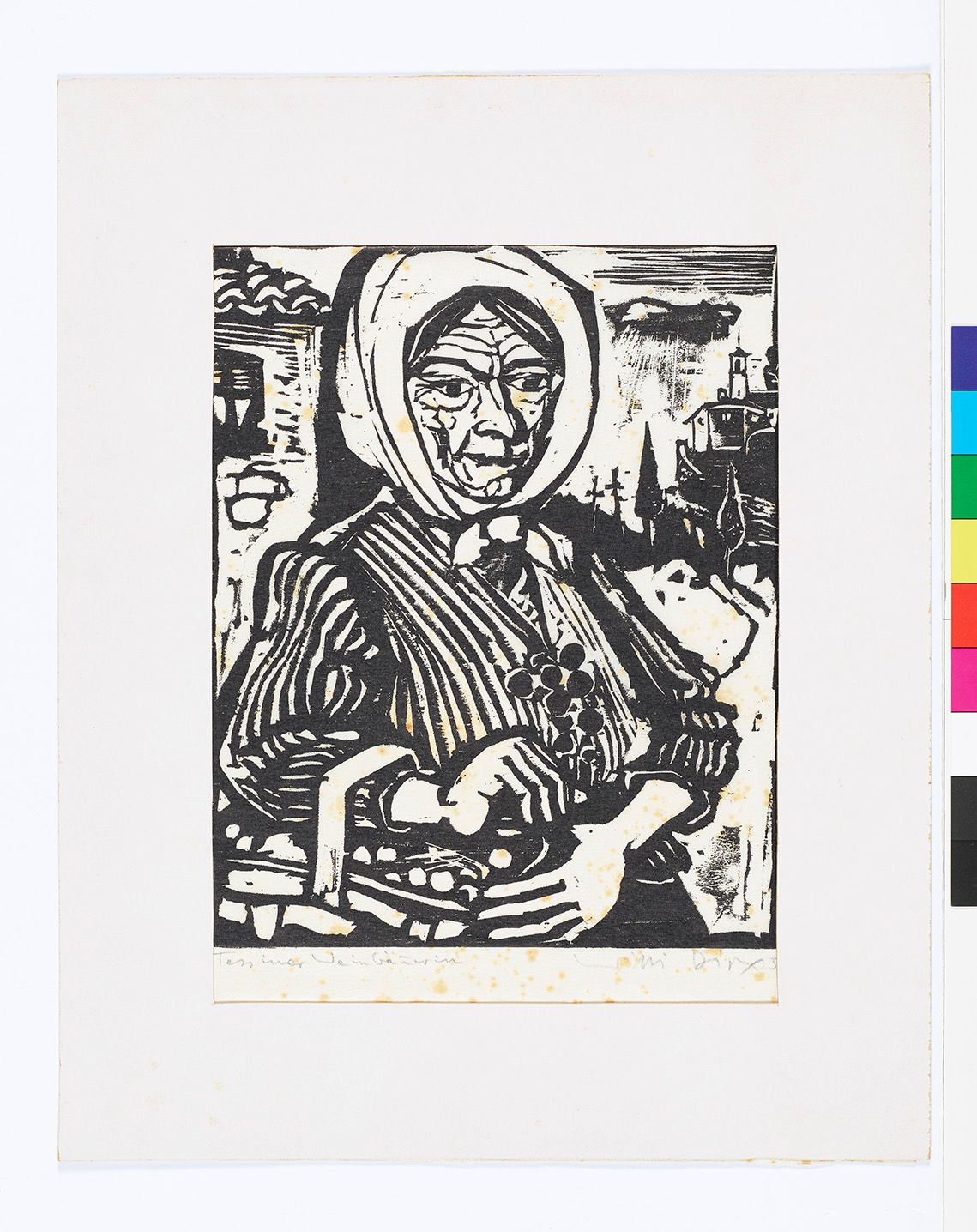 Abstraktes Portrait einer Frau mit einem Kopftuch und einem Korb im Arm. Schwarz-weiß.