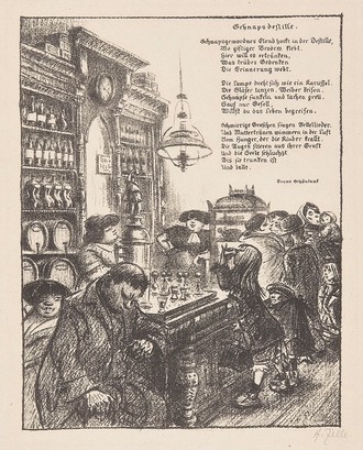 Am Tresen einer Destille stehen und sitzen mehrere Personen die den düsteren Inhalt des auf dem Blatt rechts oben aufgeführten Gedichts "Schnapsdestille" illustrieren: Schnapsgewordenes Elend in der Destille, Wo giftiger Brodem klebt. Hier will es ertränken, was trübes Gedenken Die erinnerung webt. Die Lampe dreht sich wie ein Karussel. Die Gläser tanzen. Weiber keifen. Schnäpse funkeln und lachen grell. Lauf nur Gesell, Willst du das Leben begreifen. Schmierige Groschen singen Bettellieder. Und Muttertränen wimmern in der Luft vom hunger, der die Kinder krallt. Die Augen stieren aus ihrer Gruft Und die Seele schluchzt Bis sie trunken ist Und lallt. Bruno Schöntunk