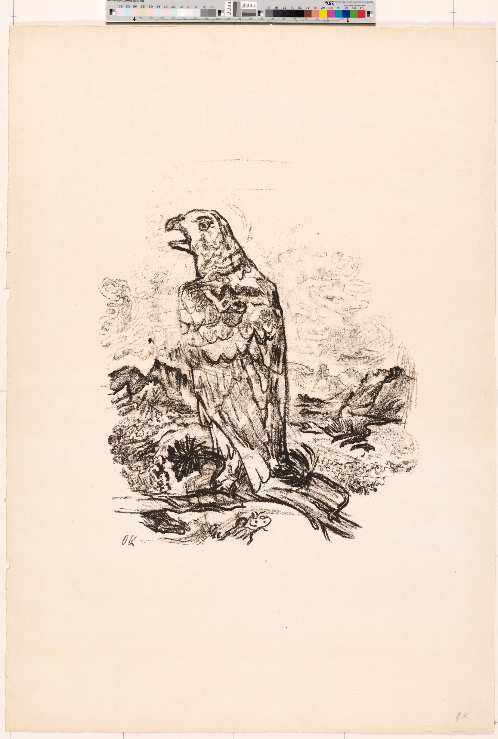 Zeichnung. Krähender Vogel auf einem Ast. Im Hintergrund ist eine Gebirgslandschaft (Schwarz-Weiß).