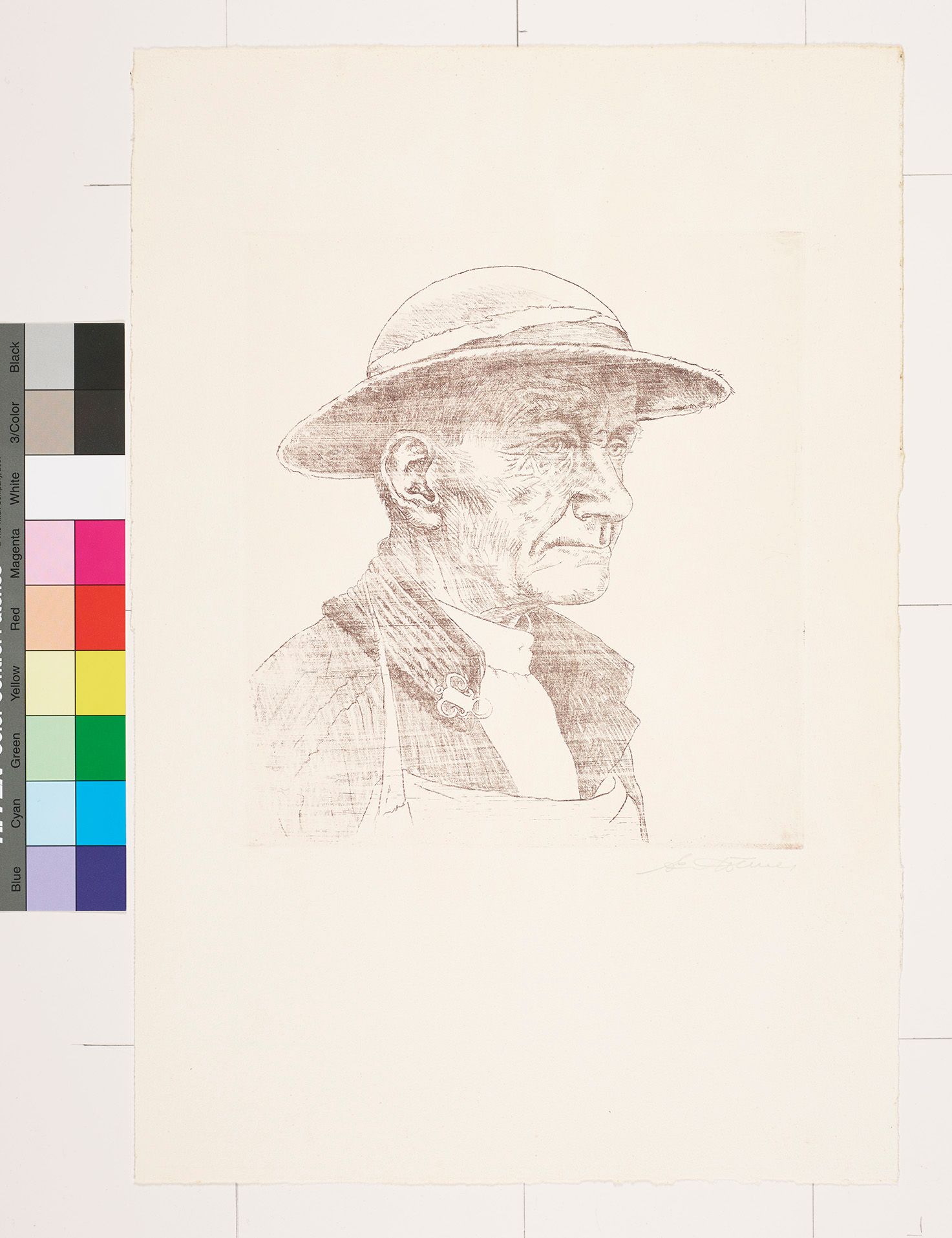 Zeichnung. 3/4 Portrait eines Mannes mit einem Hut und einer Schürze.