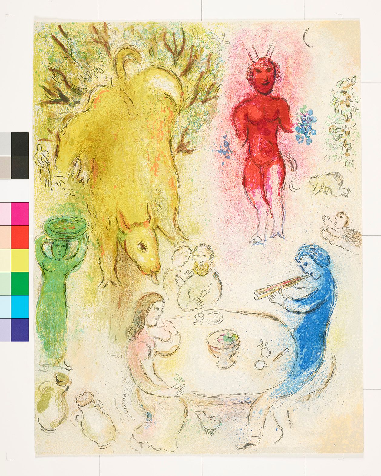 Abstraktes Bildmotiv von drei Personen am Tisch. Einer von ihnen spielt Flöte. Im Hintergrund ist ein großer gelber Stier und ein roter Teufel mit Hörnern und einem Schwanz. 