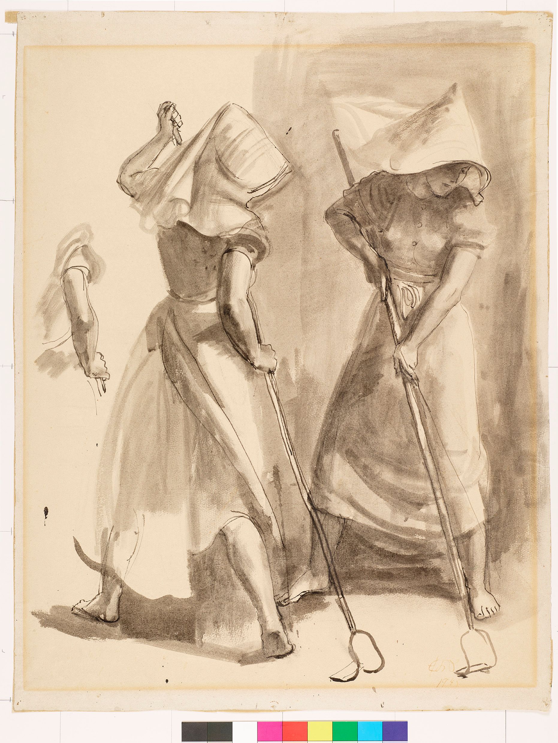 Skizze von zwei Frauen, die den Boden mit Stielen putzen. 