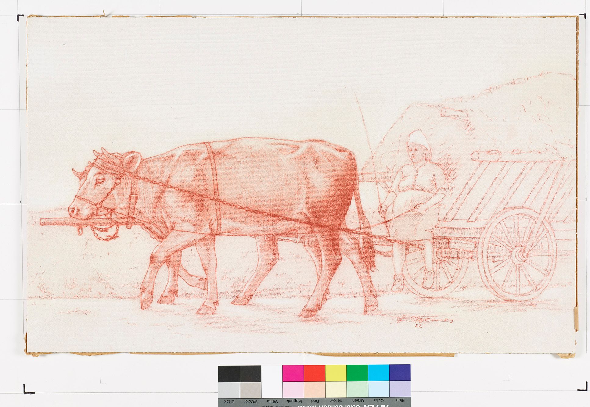 Zeichnung. Bäuerin auf einer Heukarre mit Kühen.