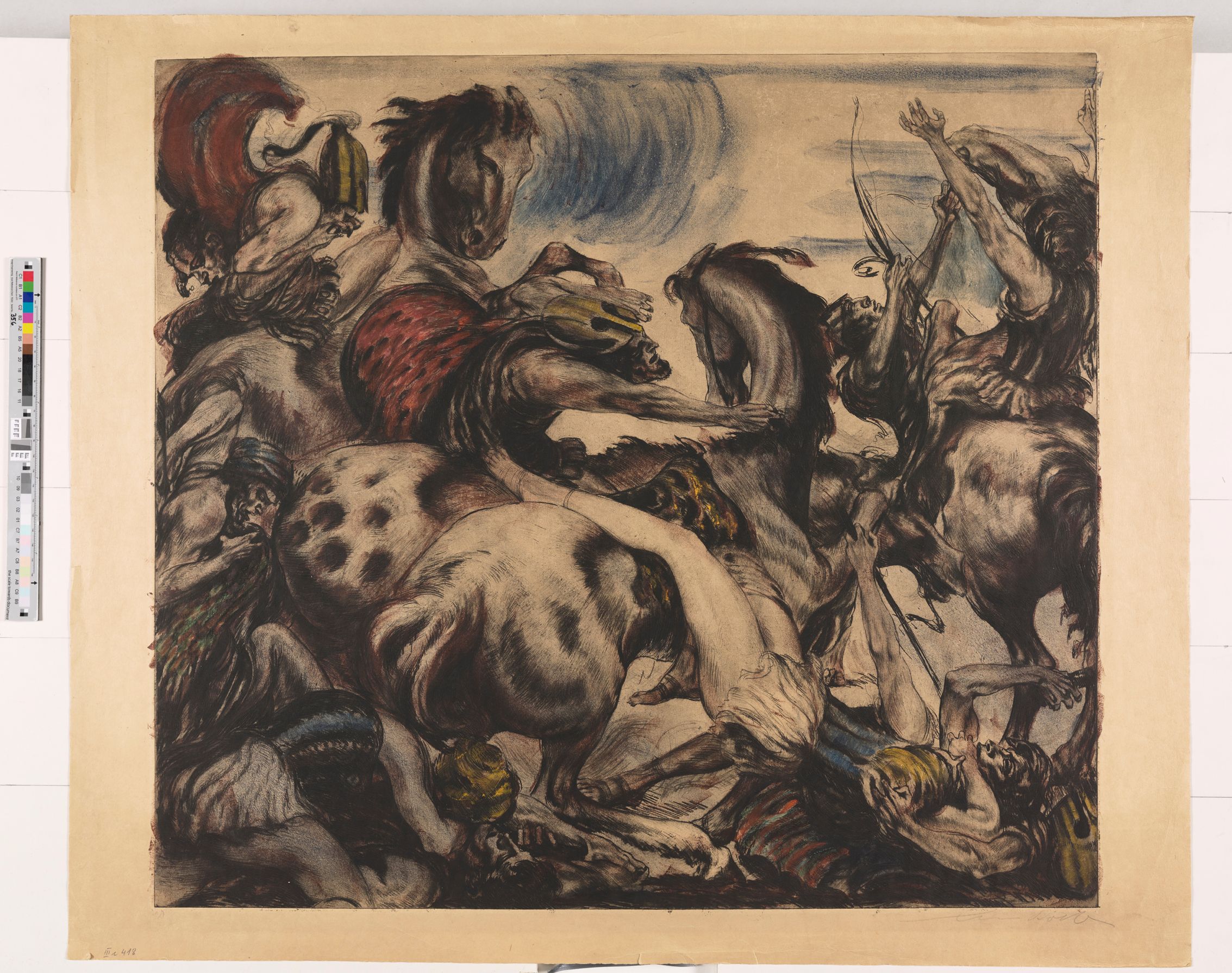 In einer Schlacht reißen Reiter sich gegenseitig von ihren Pferden und alles stürzt übereinander. Die Krieger tragen blaue Schnürmieder, rote Togen und goldene Spartanische Helme.