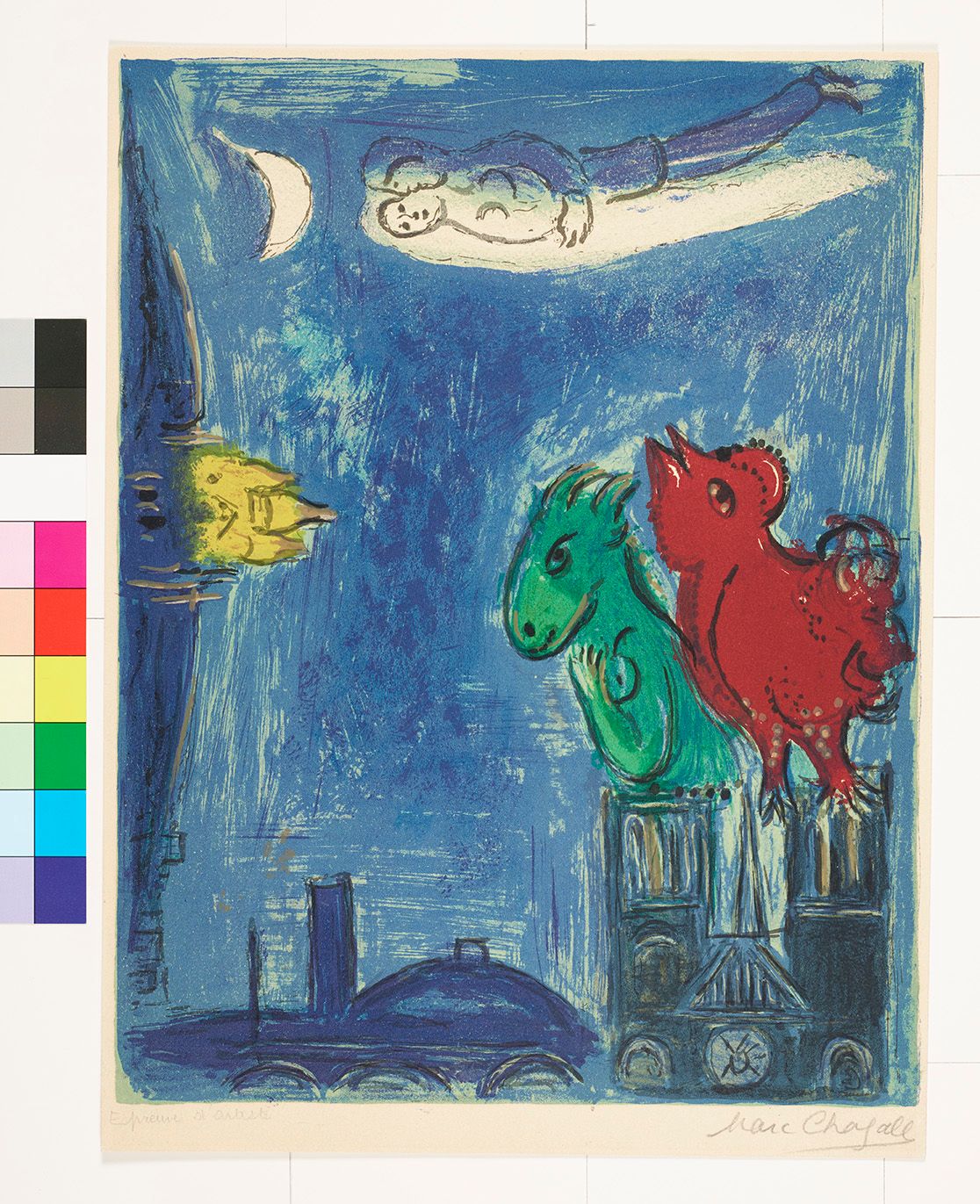 Abstraktes Bildmotiv einer nächtlichen Szene. Zwei Monster auf den Türmen des Nortre-Dame