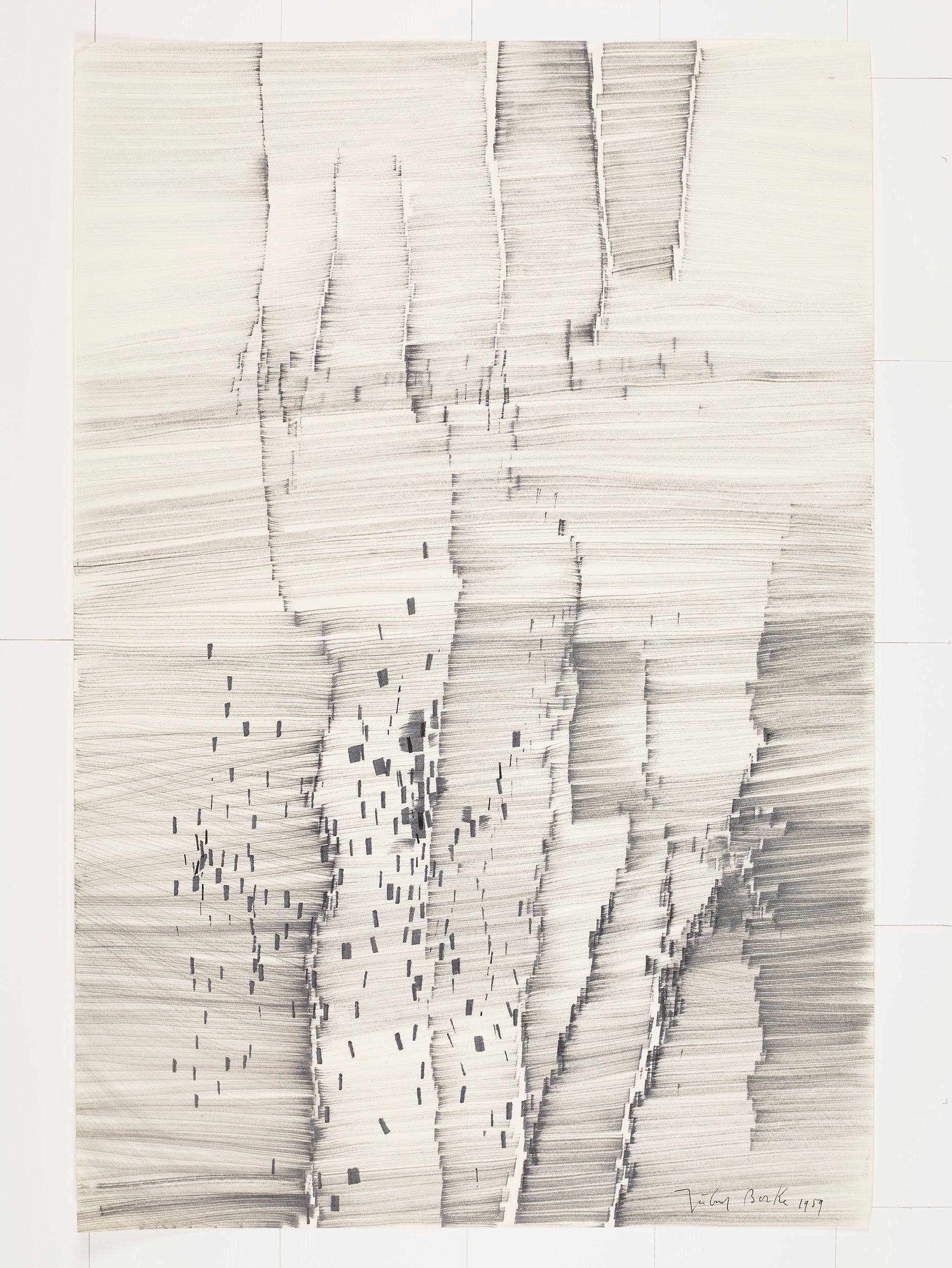 Abstraktes Bildmotiv. Waagerecht unebene Striche in unterschiedlichen Längen.