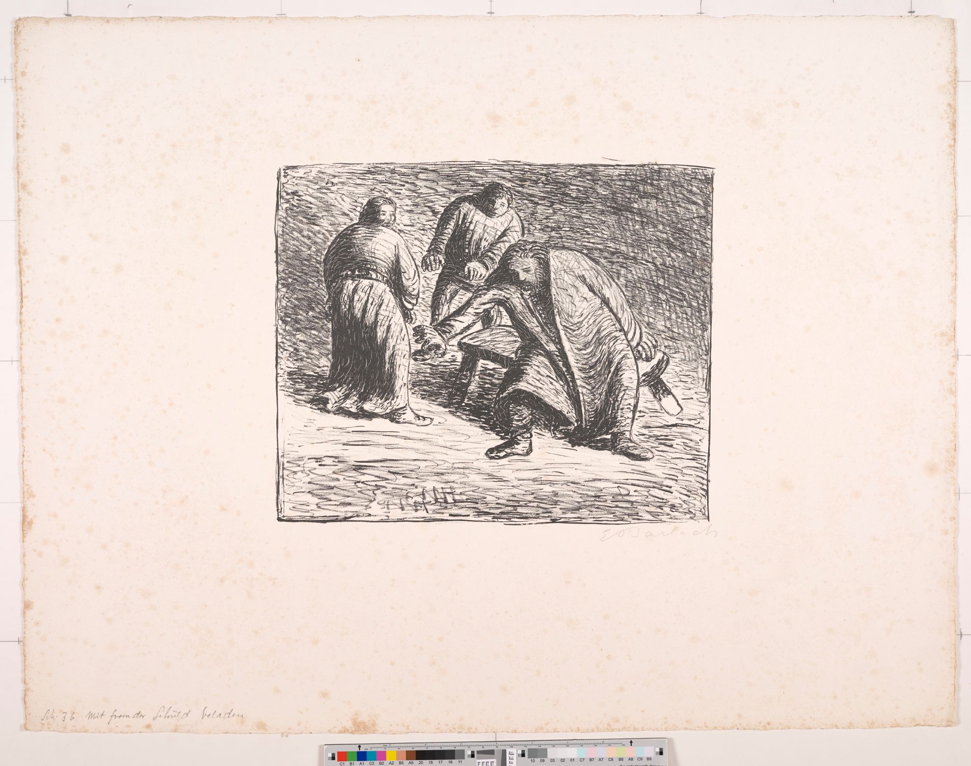 Zeichnung. Drei stehende Personen. Ein Mann hält eine Laterne in der Hand.