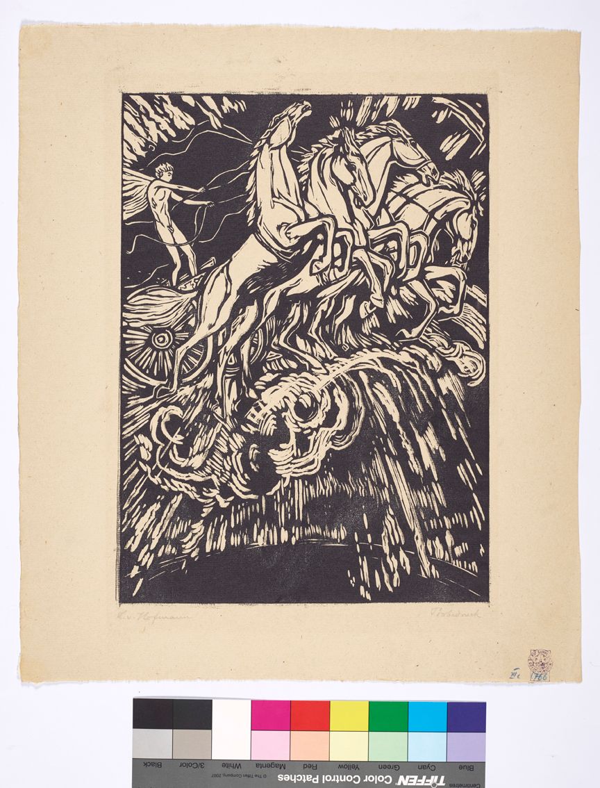 Schwarz-Weiß Holzschnitt. Ein Engel auf einer Kutsche mit vier Pferden, die fliegen.