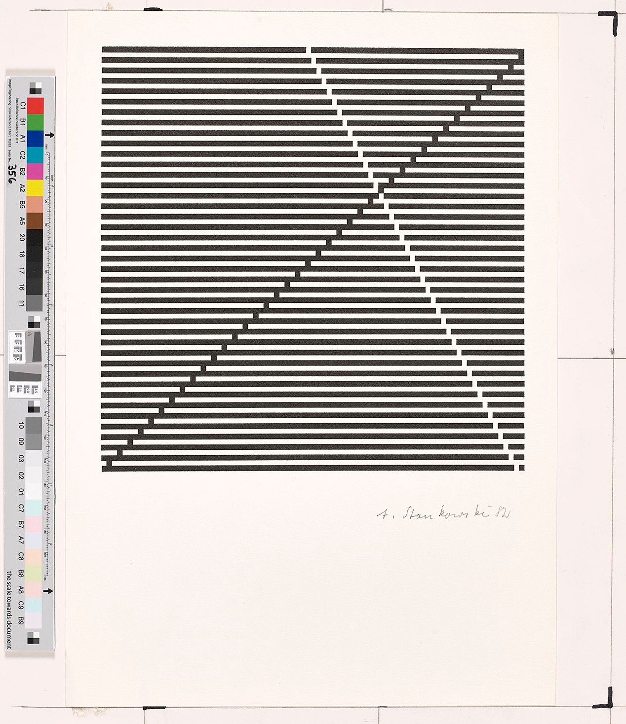 Eine Grafik mit schwarzen Querstreifen. Auf diesen verläuft eine schwarze Linie von der linken unteren Ecke des Bildes zur rechten oberen Ecke des Bildes. Eine zweite Linie verläuft in weiß von der rechten unteren Ecke in die obere Mitte des Bildes.