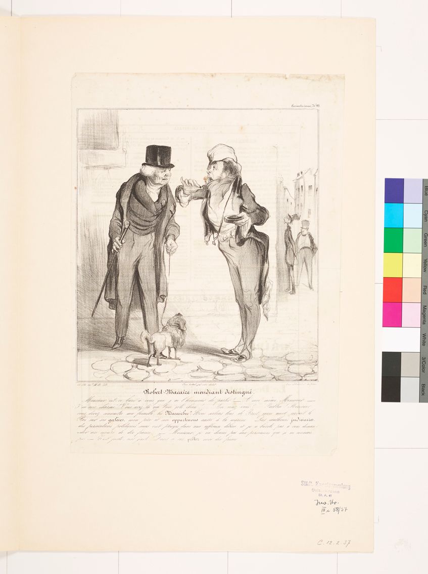 Zeichnung. Zwei Männer mit feiner Kleidung im Gespräch. Der linke Mann hat einen Hund an der Leine.