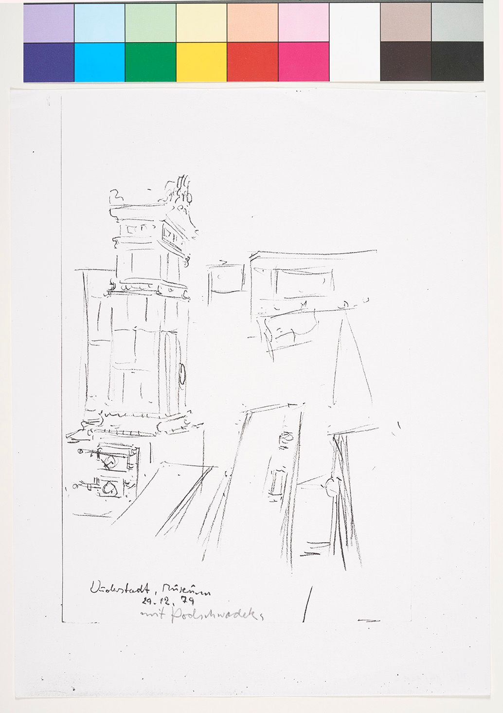 Skizze eines Wohnraumes in der Stadt Duderstadt mit einem Kachelofen.