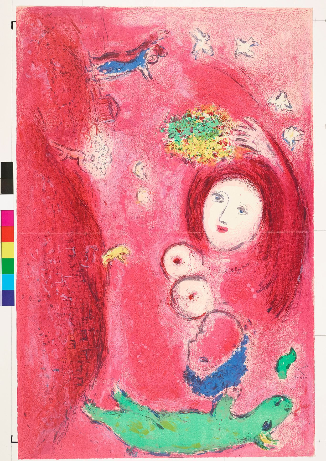 Abstraktes Bildmotiv. Das Gesicht einer Frau mit roten Haaren und entblößten Brüsten auf einem pink/roten Untergrund. Unter ihr ist ein Gesicht von einem Mann und ein Stier. Senkrecht auf der linken Bildhälfte ist ein Feld mit einem Arbeiter und zwei tanzenden Personen.