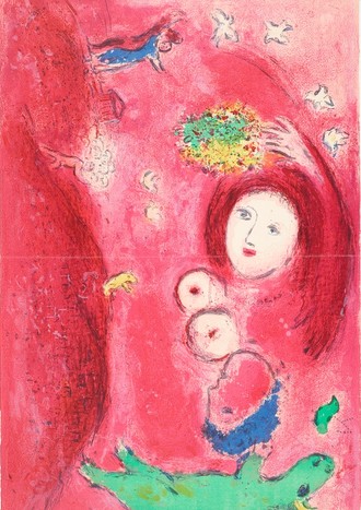 Abstraktes Bildmotiv. Das Gesicht einer Frau mit roten Haaren und entblößten Brüsten auf einem pink/roten Untergrund. Unter ihr ist ein Gesicht von einem Mann und ein Stier. Senkrecht auf der linken Bildhälfte ist ein Feld mit einem Arbeiter und zwei tanzenden Personen.