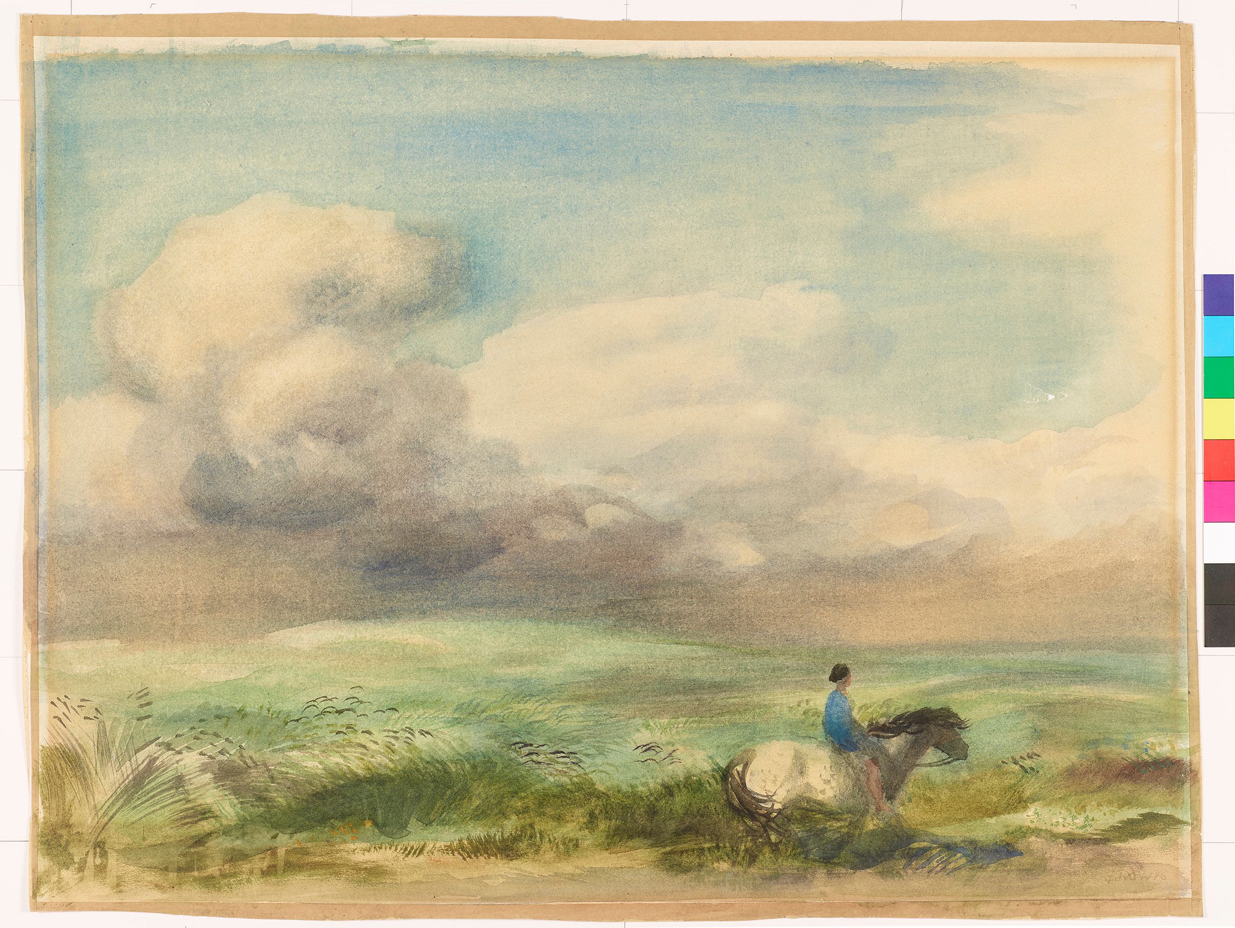 Eine Landschaft mit einem Pferd und einer reitenden Person. Im Hintergrund sind großen Wolken. 