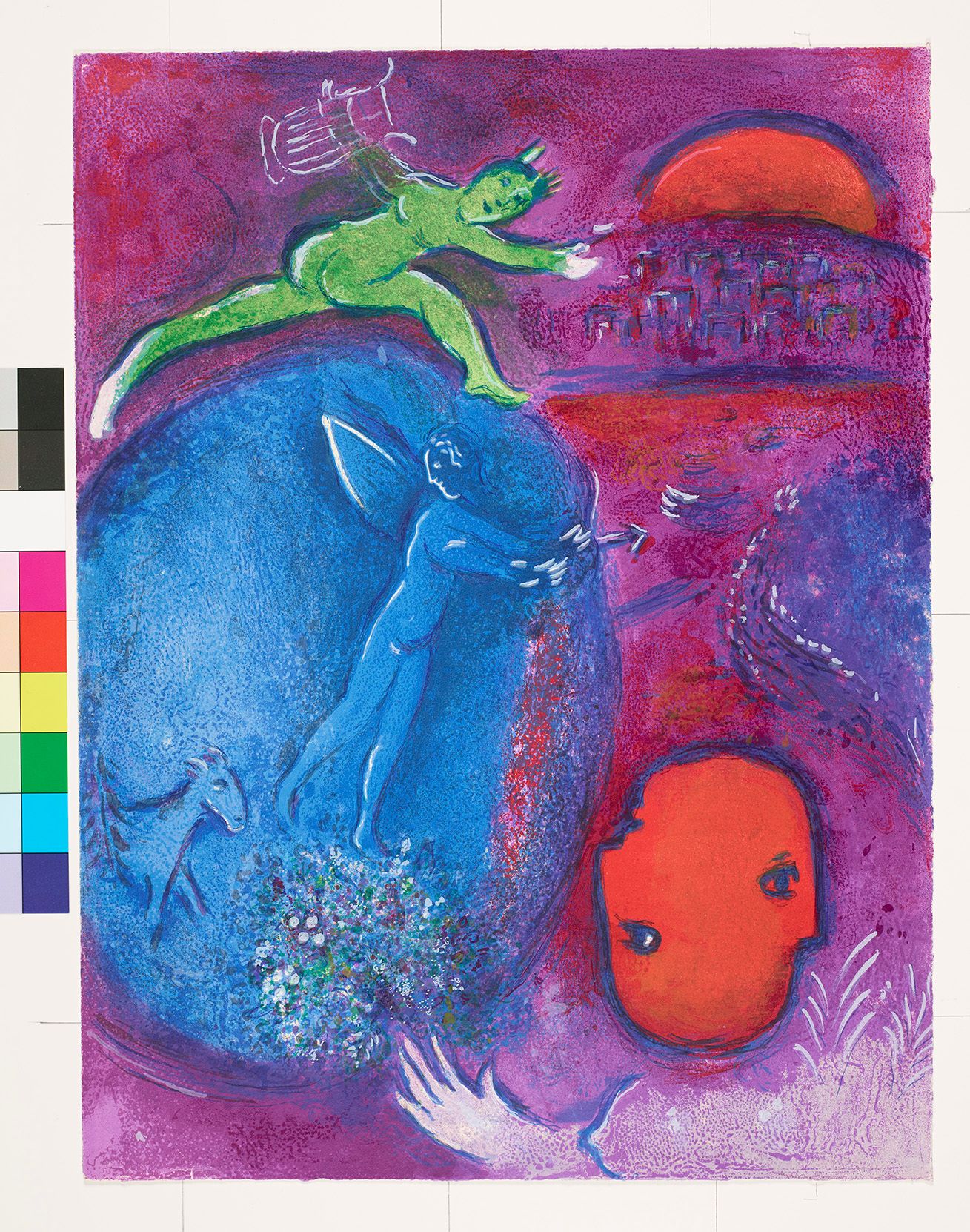 Abstraktes Bildmotiv. Eine große blaue Kugel, in der ein Engel und eine Ziege stehen. Auf der Kugel ist eine grüne Figur mit Hörnern auf dem Kopf und einer Harfe in der Hand. Rechts im Hintergrund ist eine Stadtaussicht mit einem roten Sonnenuntergang. 