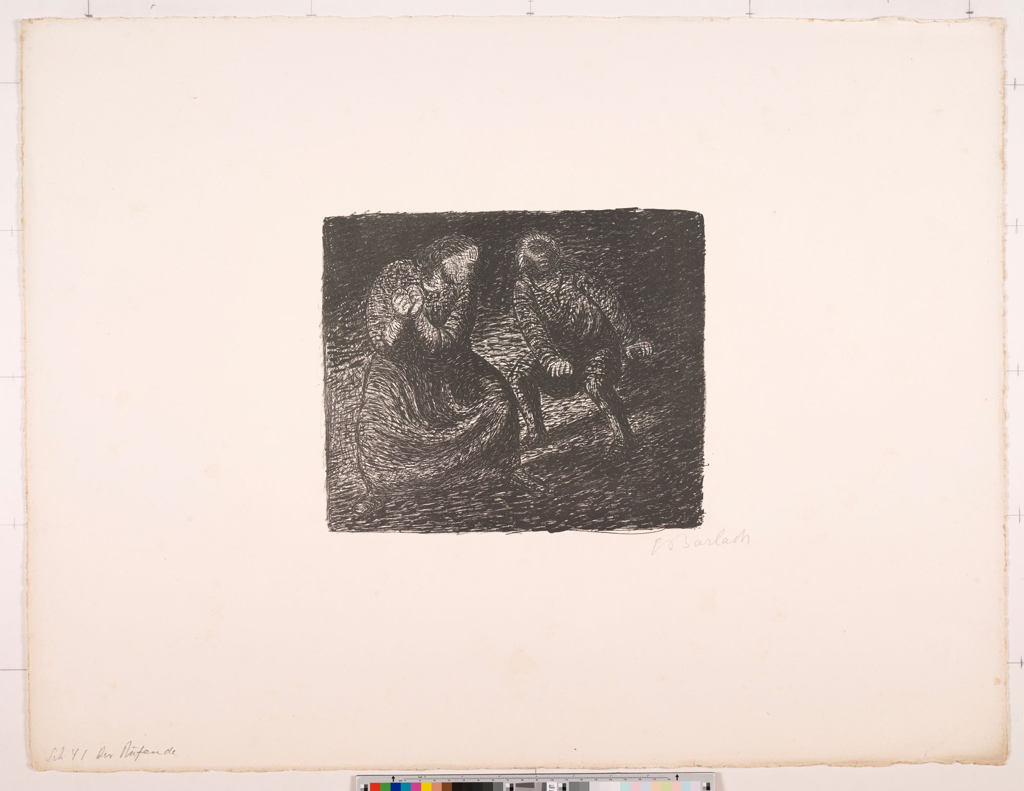 Zeichnung. Eine gebeugte Frau und ein gebeugter Mann im Gespräch.