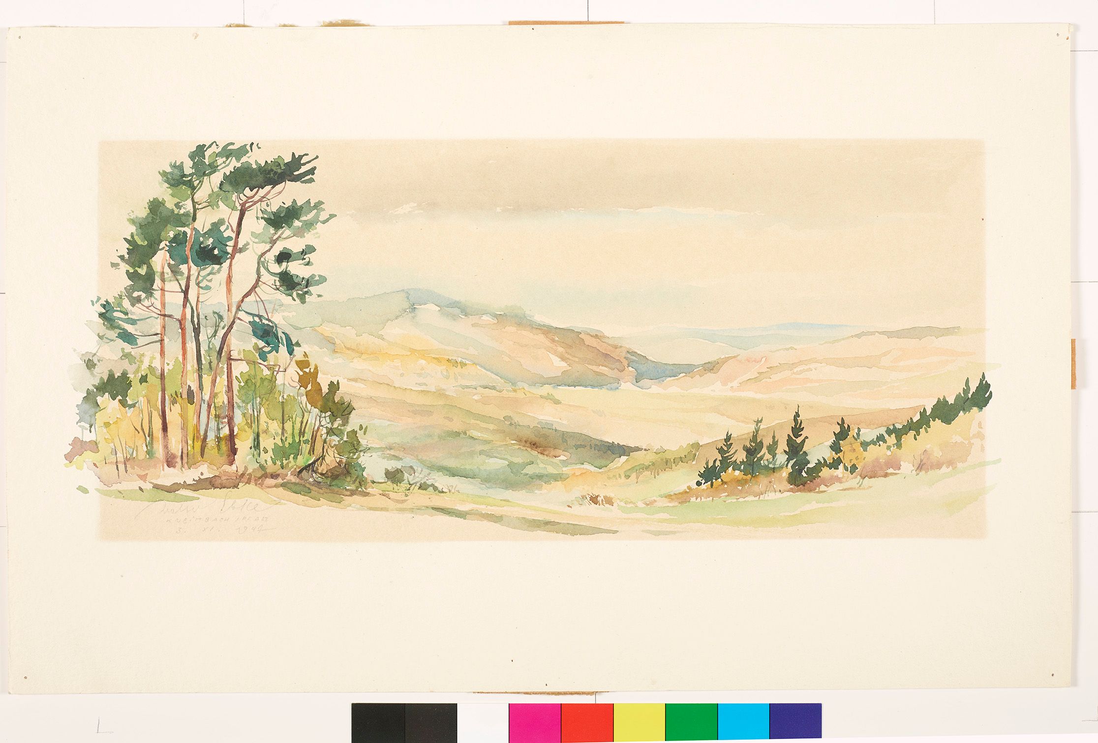 Landschaftsmalerei. Links und rechts sind kleine Waldflächen und im Hintergrund sind Berge. 