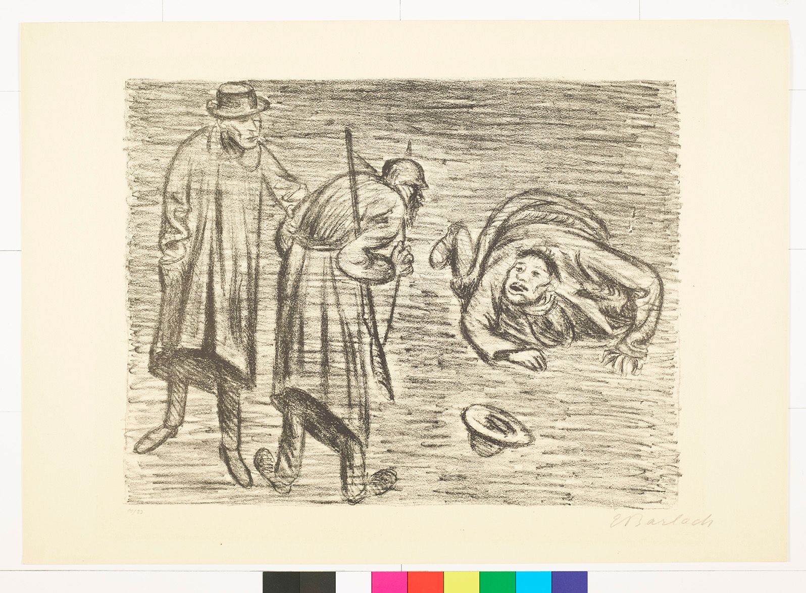 Skizze von drei Männern. Der linke Mann trägt ein Gewehr und schaut zu dem rechten Mann am Boden.