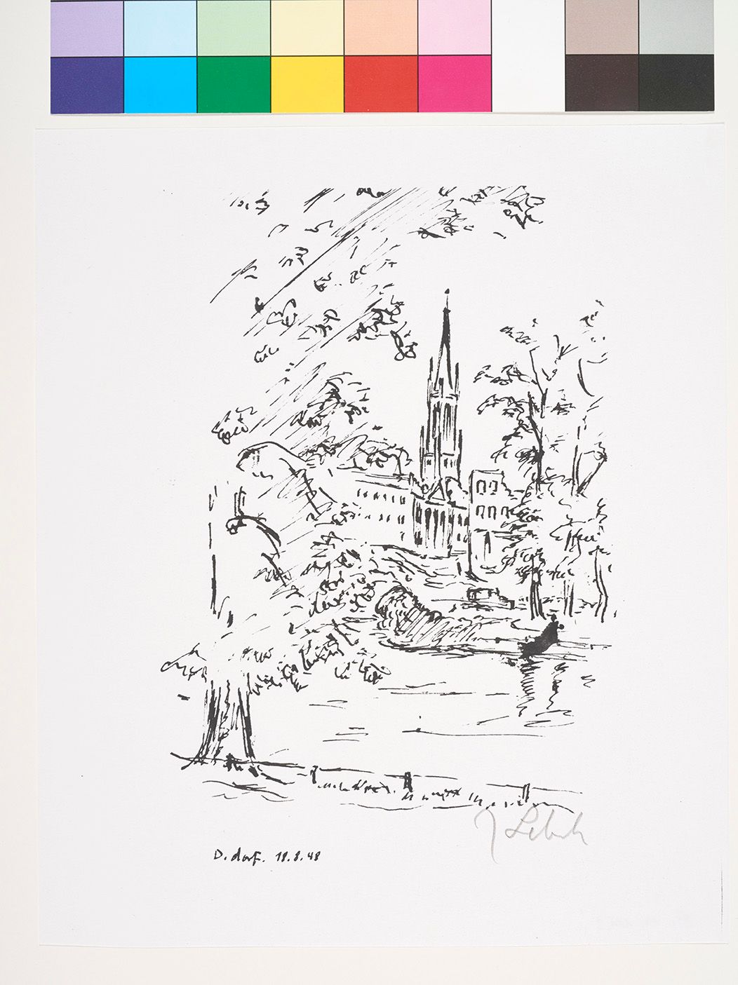 Schnelle Skizze eines Blicks über Häuser auf die Johanneskirche in Düsseldorf.