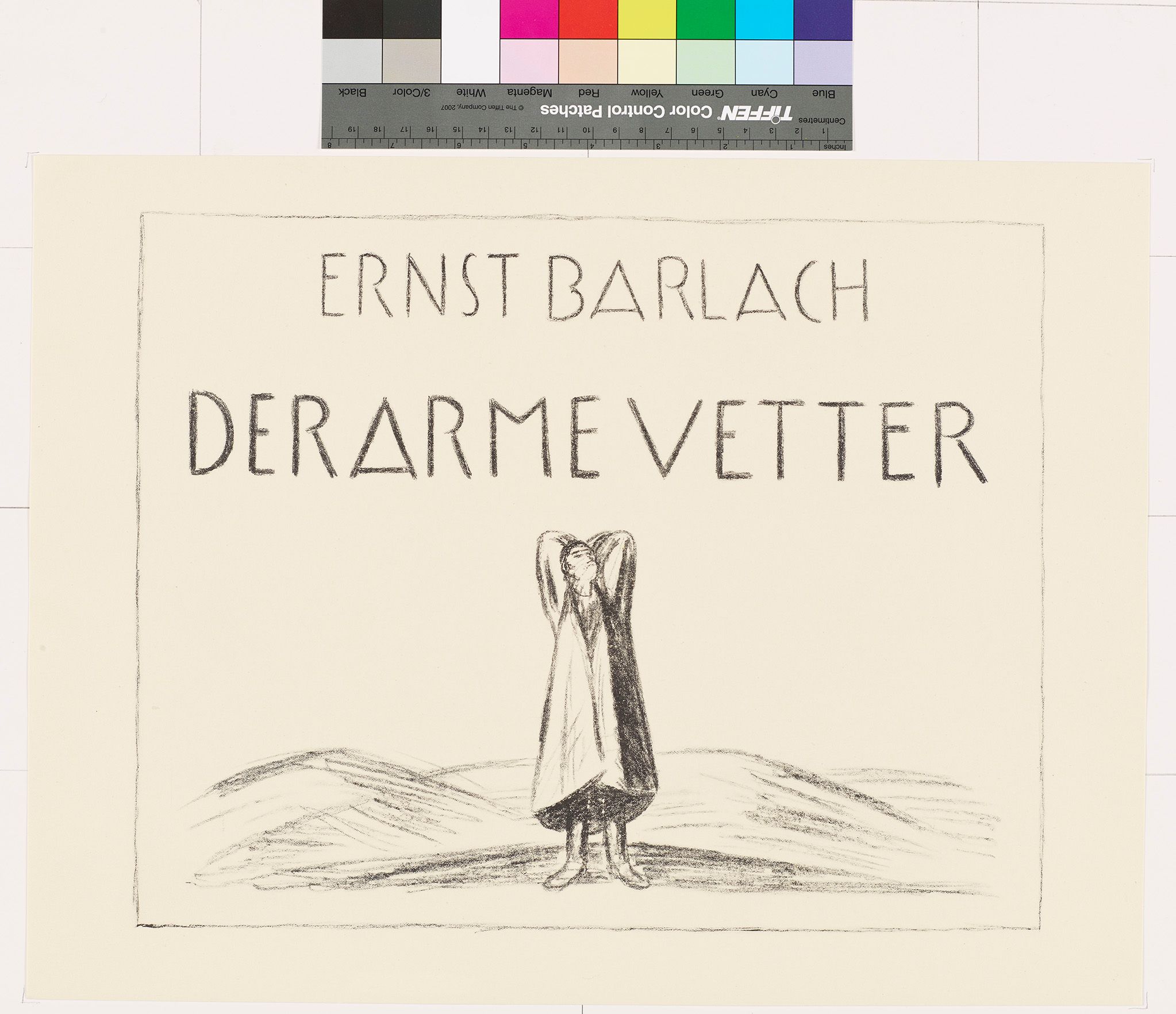 Skizze eines Mannes, der vor kleinen Hügeln steht. Oben steht ein Schriftzug.