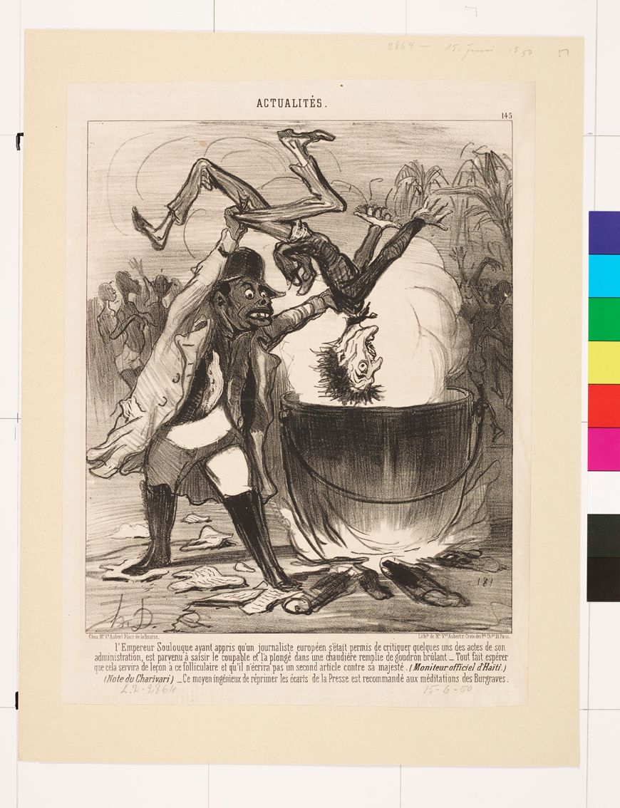 Zeichnung. Ein dunkelhäutiger Mann hält einen weißen, abgemagerten Mann über einen heißen Kessel. 