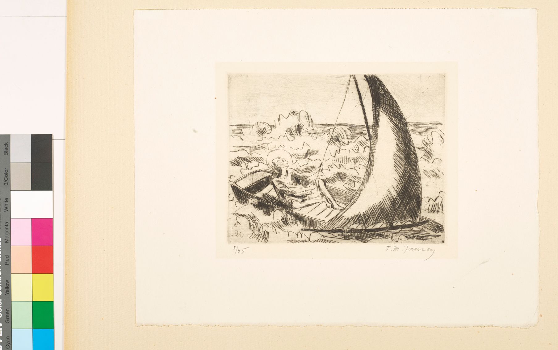 Zeichnung. Ausgehungerter Jesus auf einem segelnden Boot. 