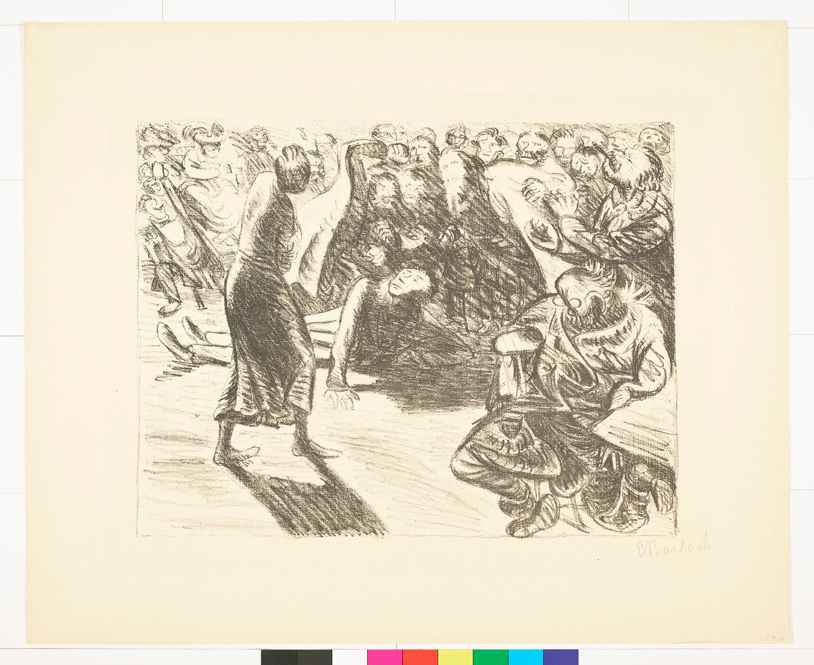 Skizze von einer Menschenmenge. Links eine Frau, die vor einem sitzenden Mann steht. Alle schauen die Frau an.