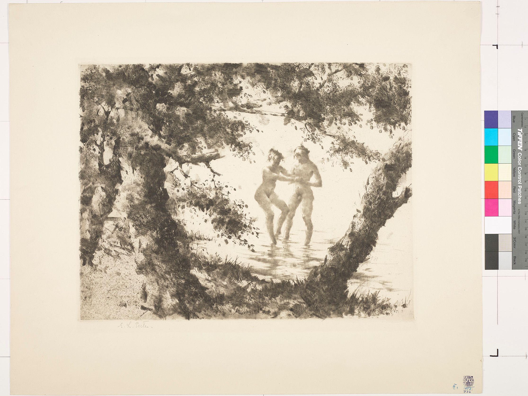 Ein nacktes Paar (Frau, Mann) am See. Im Vordergrund sind Bäume.