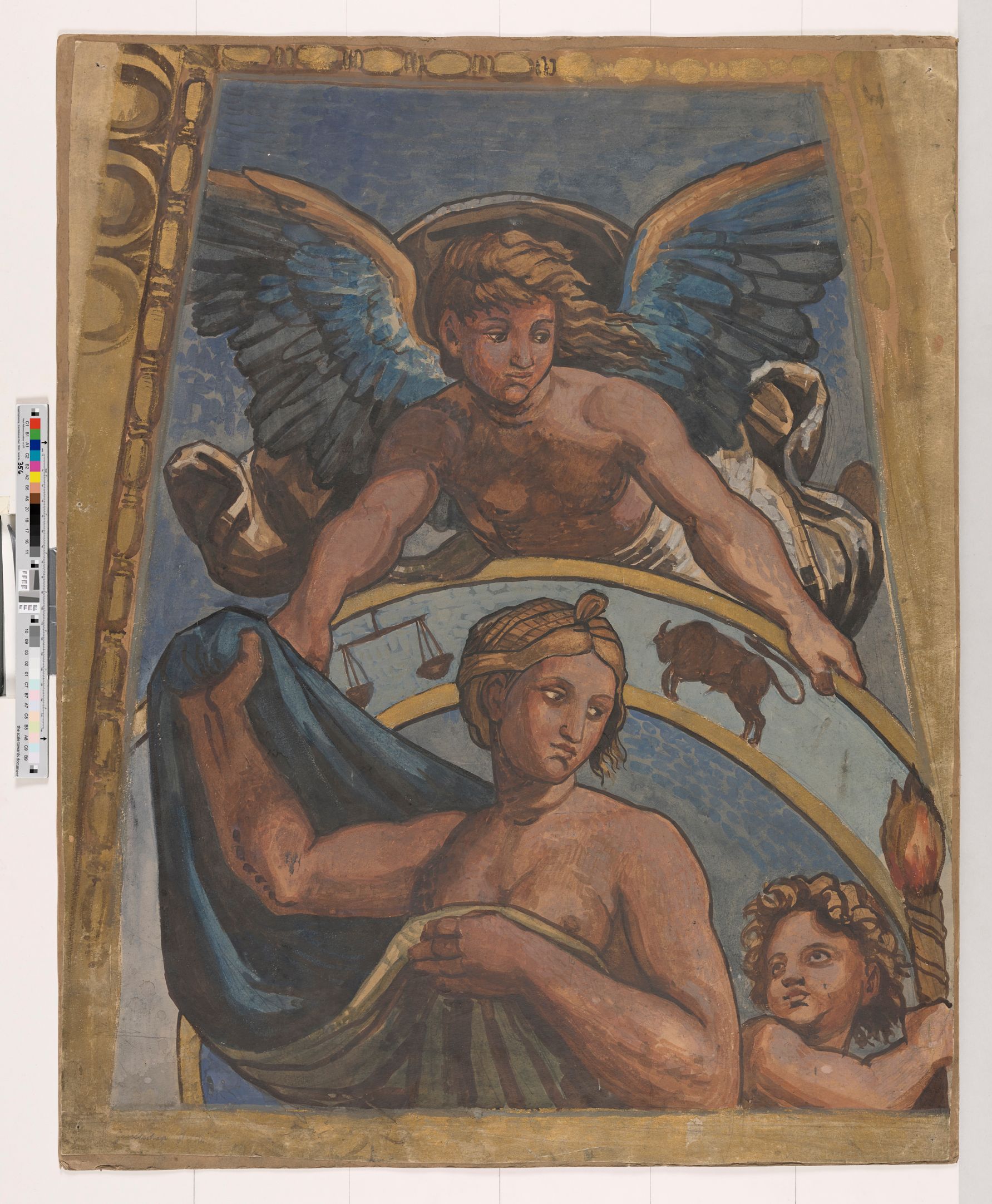 Wandgemälde. Eine Frau umhüllt mit einem Tuch und mit entblößter Brust. Über ihr ist ein Engel und neben ihr ein Engel mit einer Fackel.