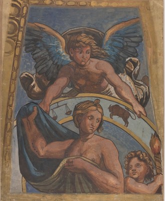 Wandgemälde. Eine Frau umhüllt mit einem Tuch und mit entblößter Brust. Über ihr ist ein Engel und neben ihr ein Engel mit einer Fackel.